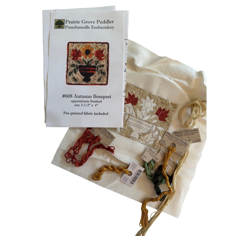Prairie Grove Peddler Autumn Bouquet Punchneedle Kit 3.5x4 Partially Started